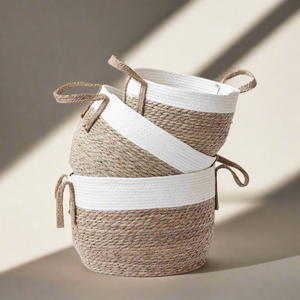 Natural Straw Knitted Baskets, Set of 3