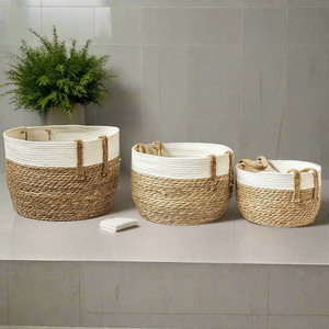 Natural Straw Knitted Baskets, Set of 3