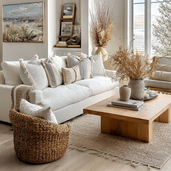 Cozy living room with a white sofa, wooden coffee table, and decorative elements.