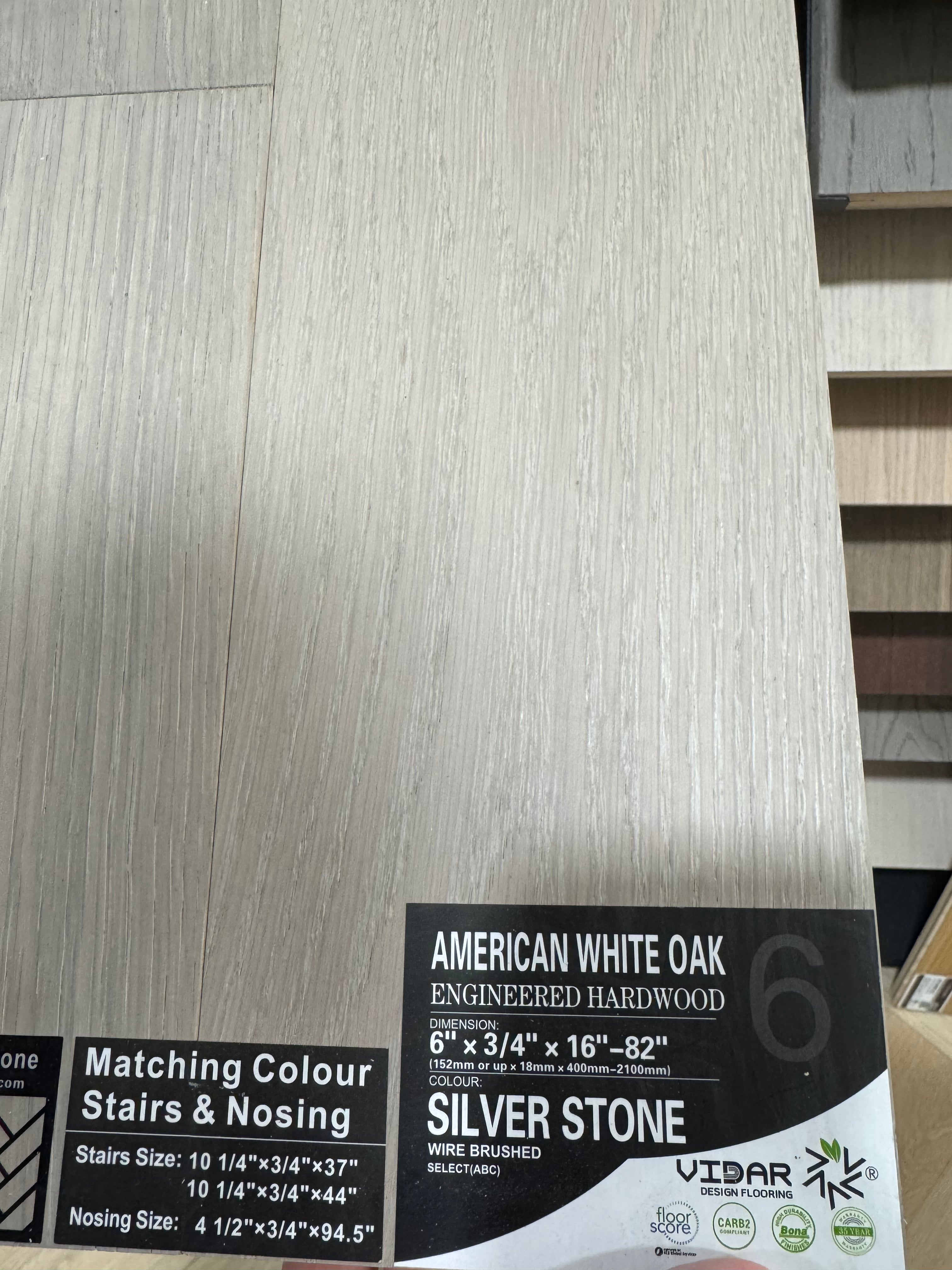 American White Oak engineered hardwood with 'Silver Stone' label
