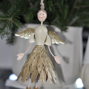 Metal Angel With Gold Metal Feathered Skirt Ornament