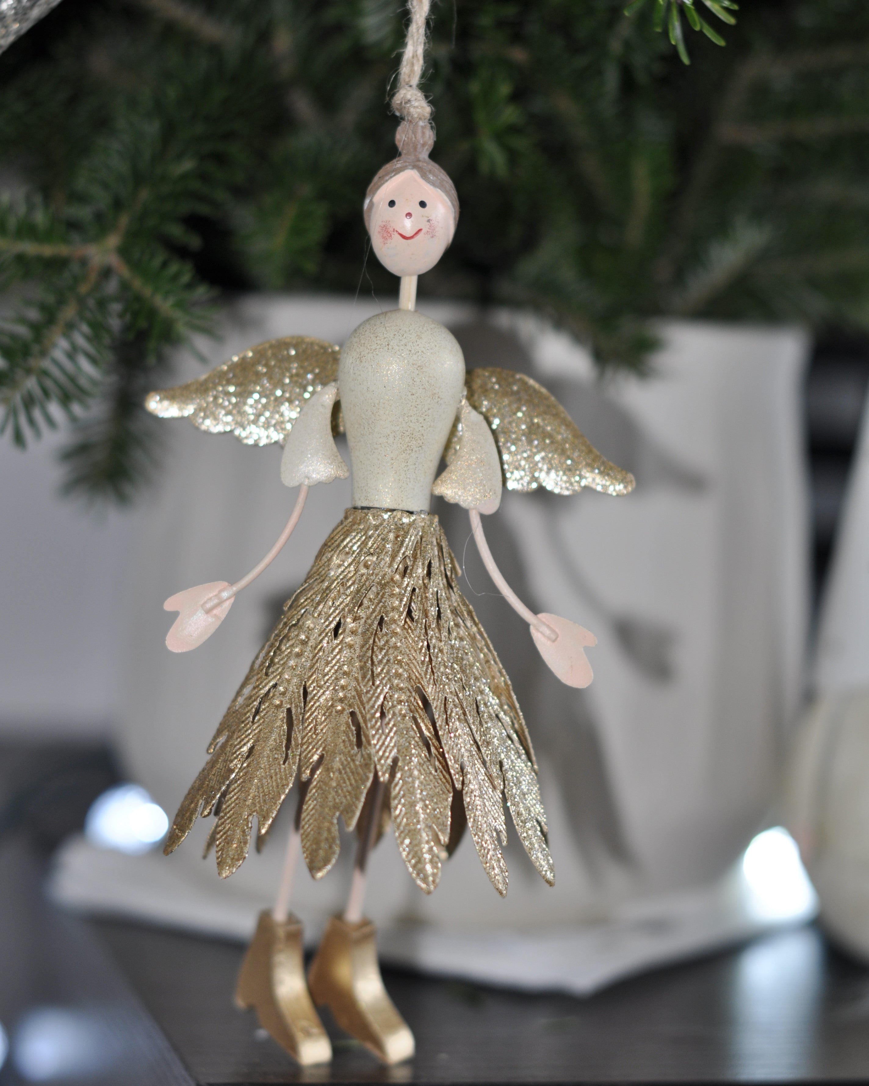 Metal Angel With Gold Metal Feathered Skirt Ornament