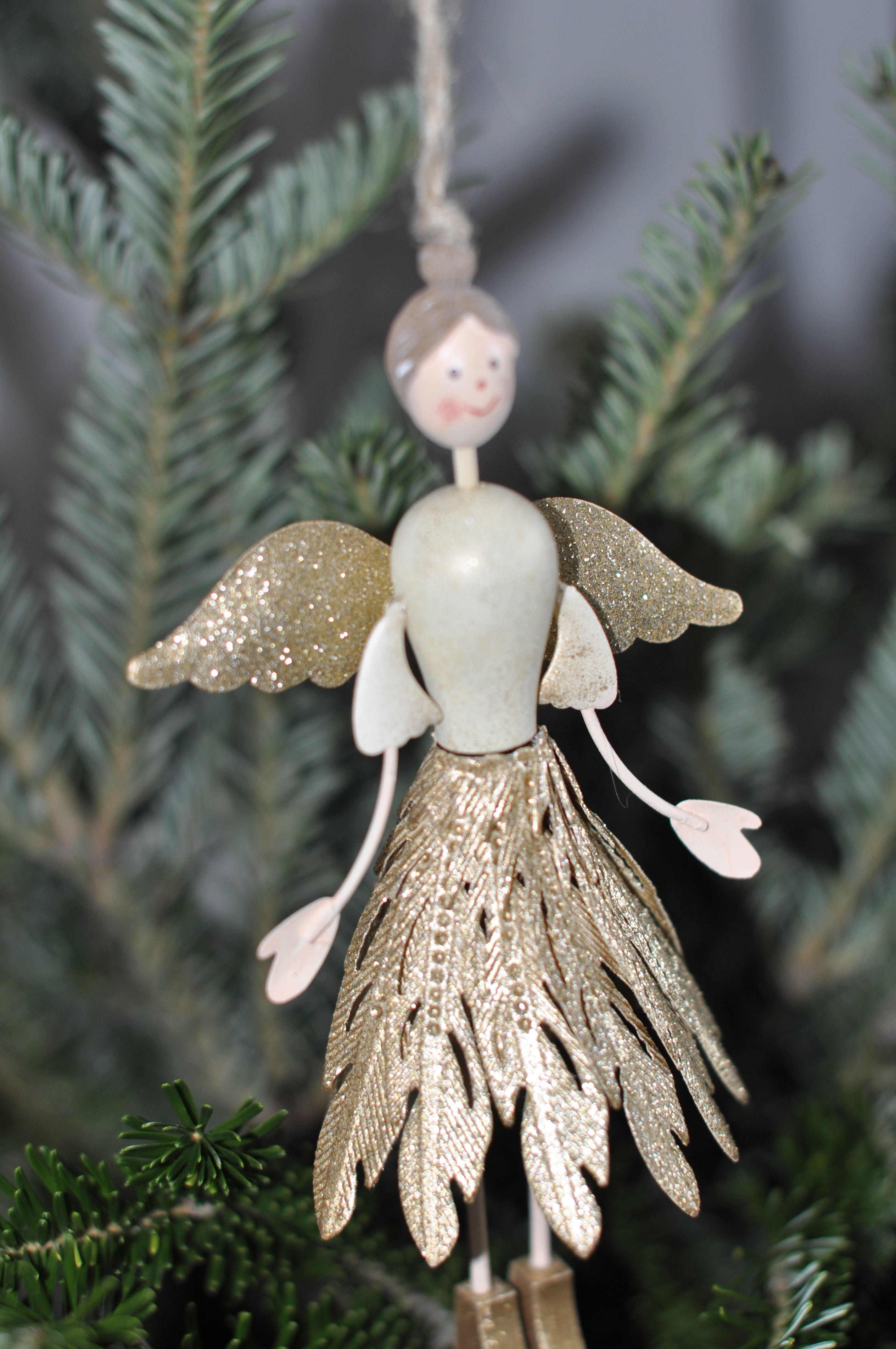 Metal Angel With Gold Metal Feathered Skirt Ornament