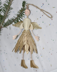 Metal Angel With Gold Metal Feathered Skirt Ornament