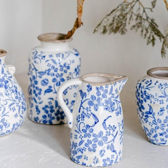 CERAMIC PITCHER, BLUE FLOWERS