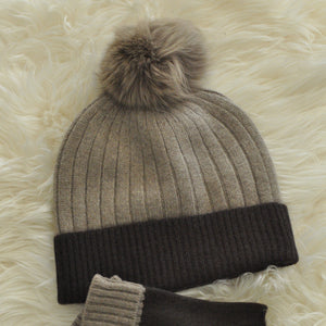 Dark Chocolate Cashmere Pom Pom Beanie and Fingerless Gloves