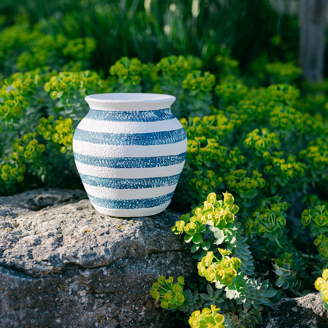 Cement Vase with Blue Stripe