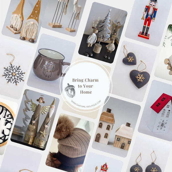 Collage of decorative items with a central text overlay on a white background