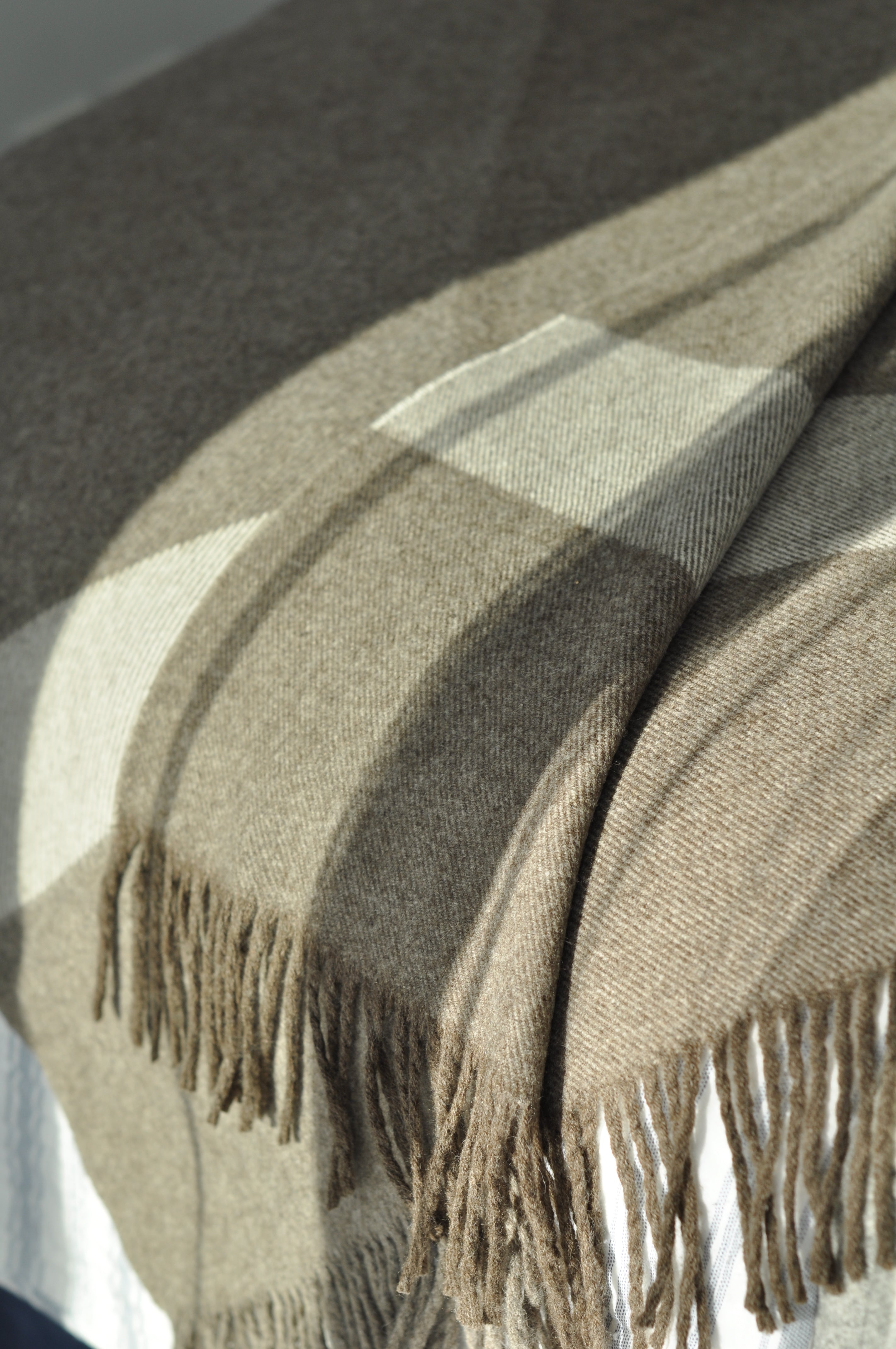 Close-up of a checkered fabric with fringes on a neutral background