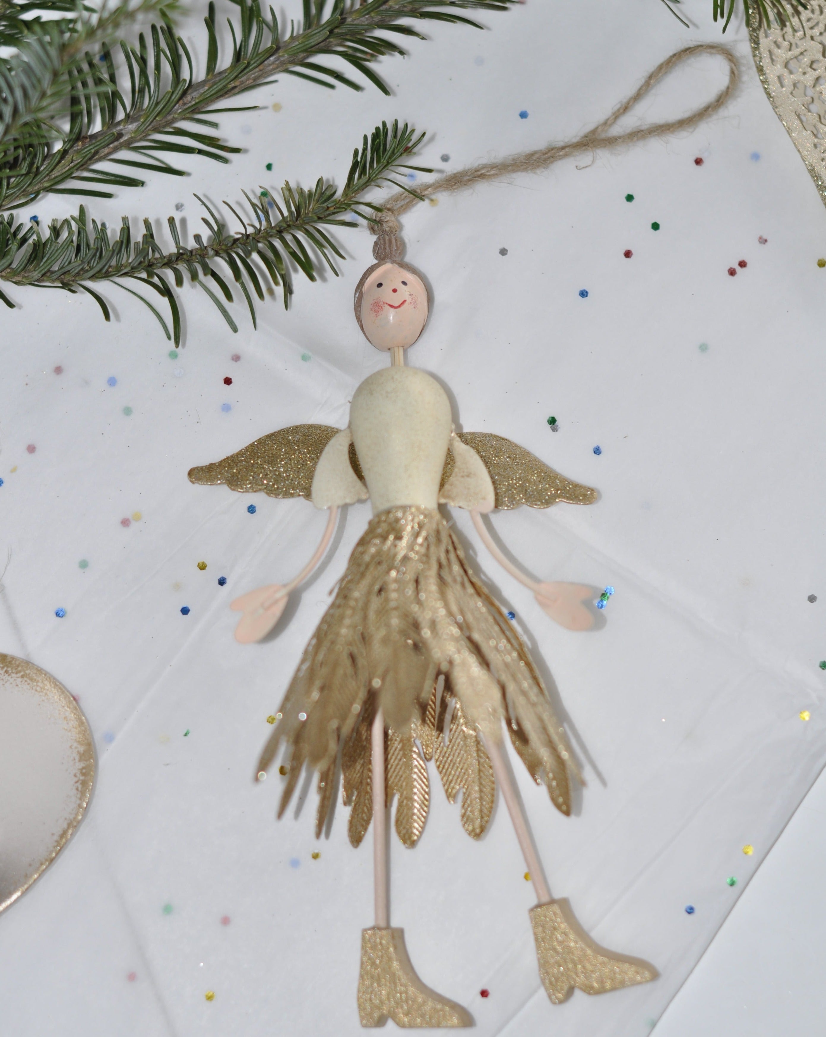 Metal Angel With Gold Metal Feathered Skirt Ornament