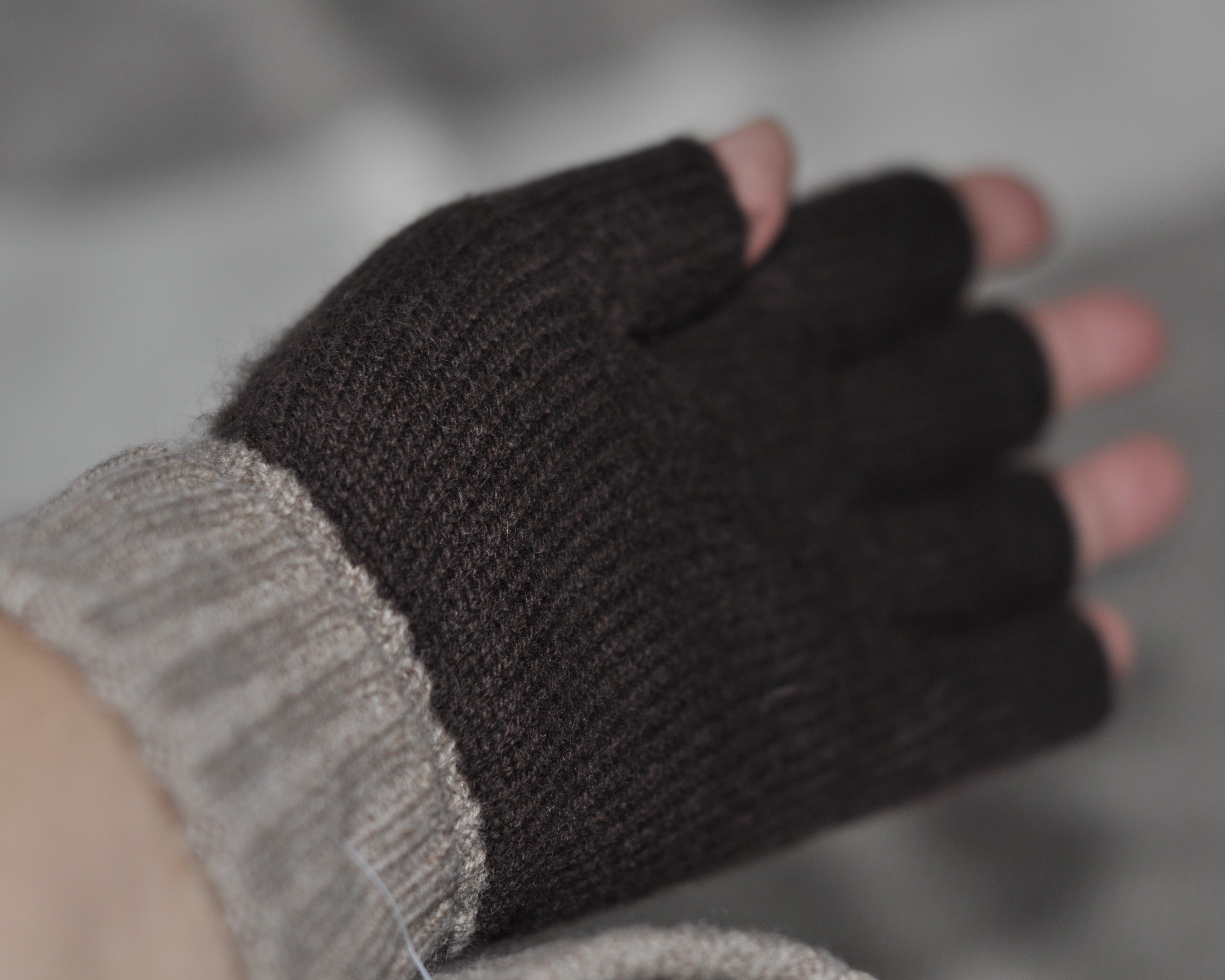 Dark Chocolate Cashmere Pom Pom Beanie and gloves