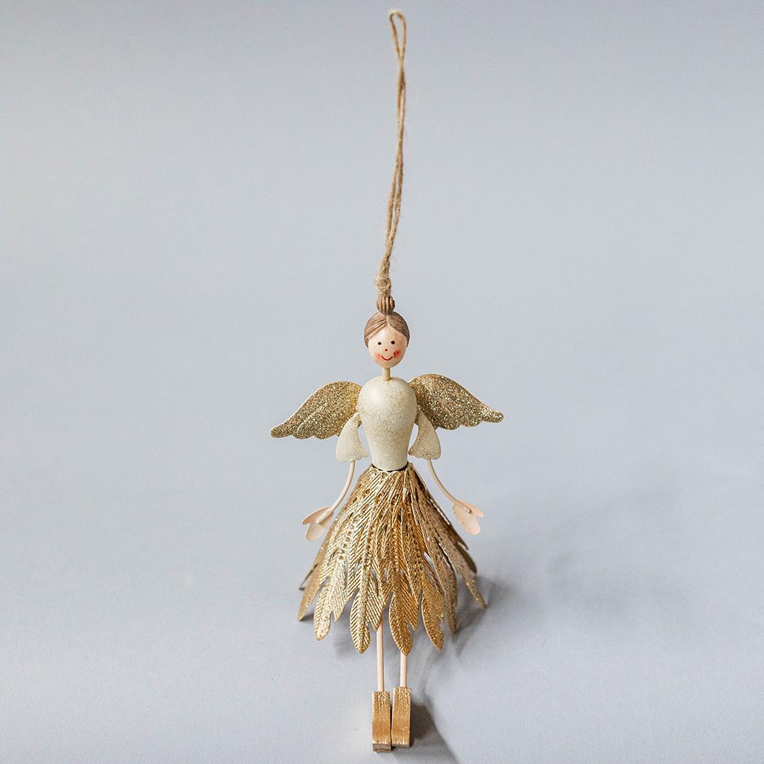 Metal Angel With Gold Metal Feathered Skirt Ornament