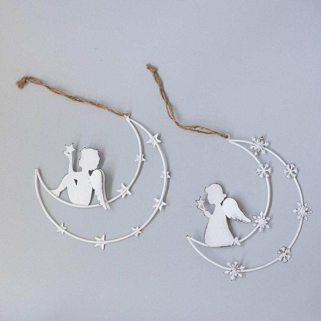 Metal Moon Angels Hanging Ornament, Set of 2