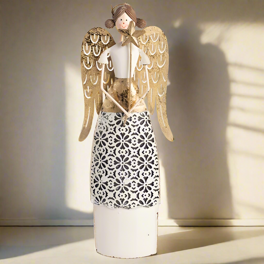 Metal Angel with the Christmas star, crafted with vintage-inspired hues of antique white