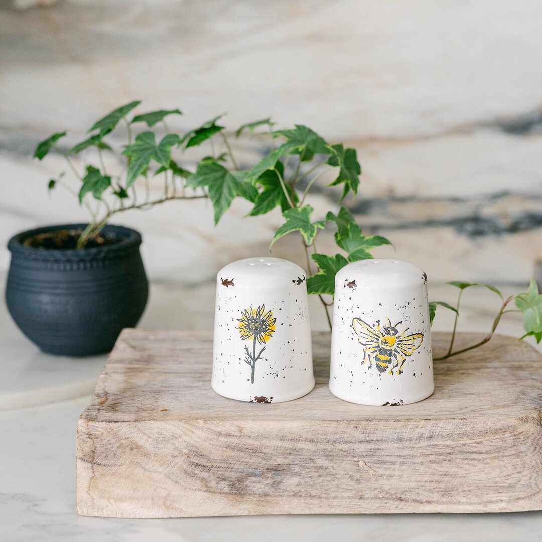 Ceramic salt and pepper shakers with Sunflower and Bee, set of 2