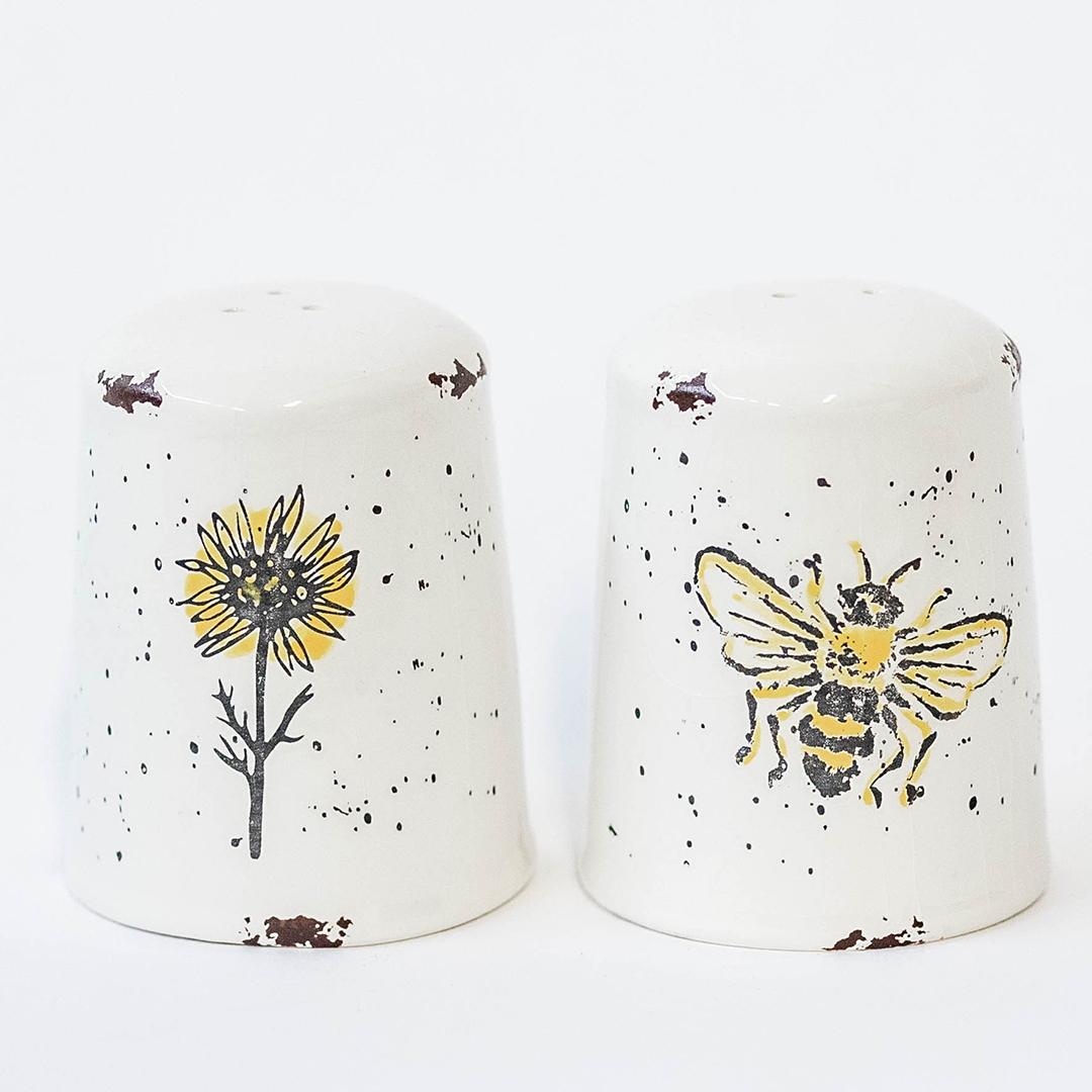 Ceramic salt and pepper shakers with Sunflower and Bee, set of 2