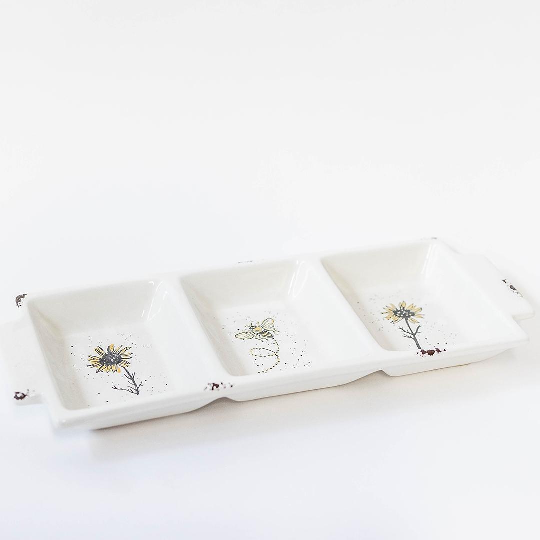 Ceramic serving dish with Sunflower and Bee