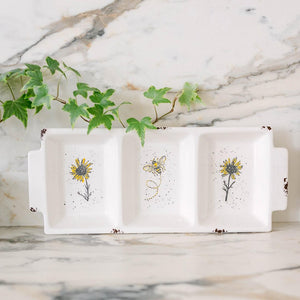 Ceramic serving dish with Sunflower and Bee