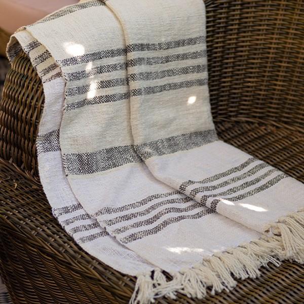 Cream Striped Cotton Throw With Tassels