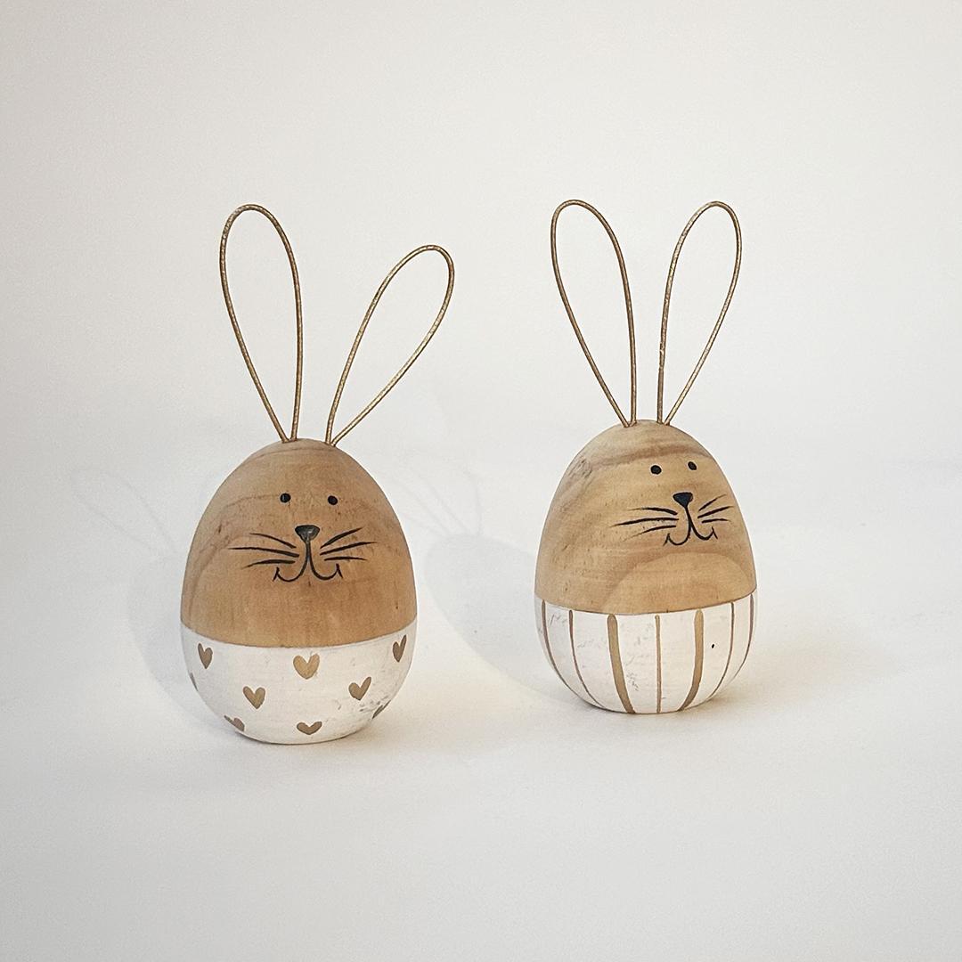 Wooden rabbits with metal wire ears, Set of 2