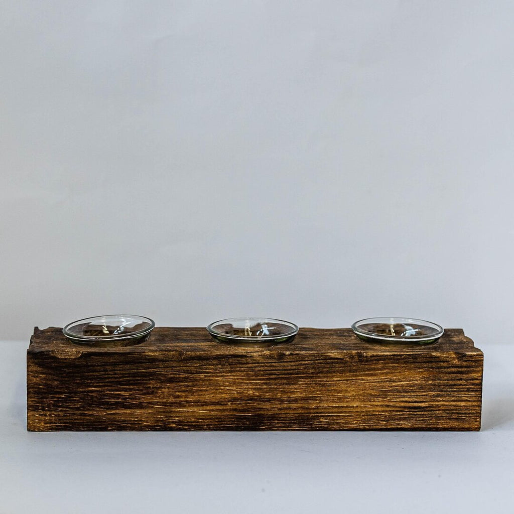 Wooden pet feeder with three bowls on a white background