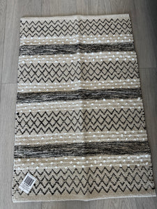 Patterned rug with a label on a wooden floor