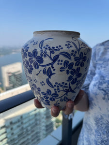Person holding a blue and white floral-patterned ceramic vase with a cityscape in the background