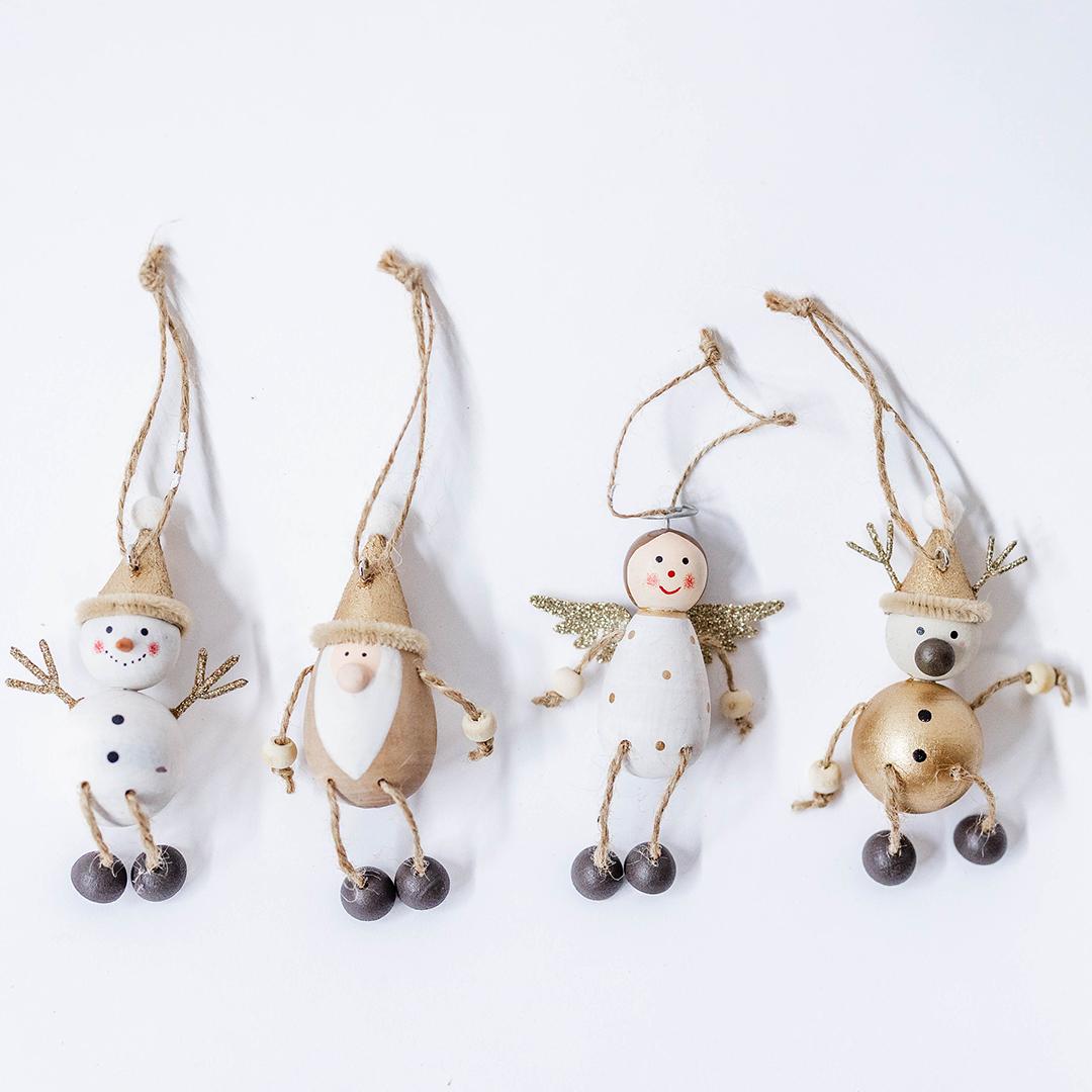 Wooden Christmas Hanging Figures, Set of 4