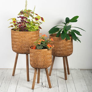 Brown Bamboo Standing Planter Pots, Set of 3