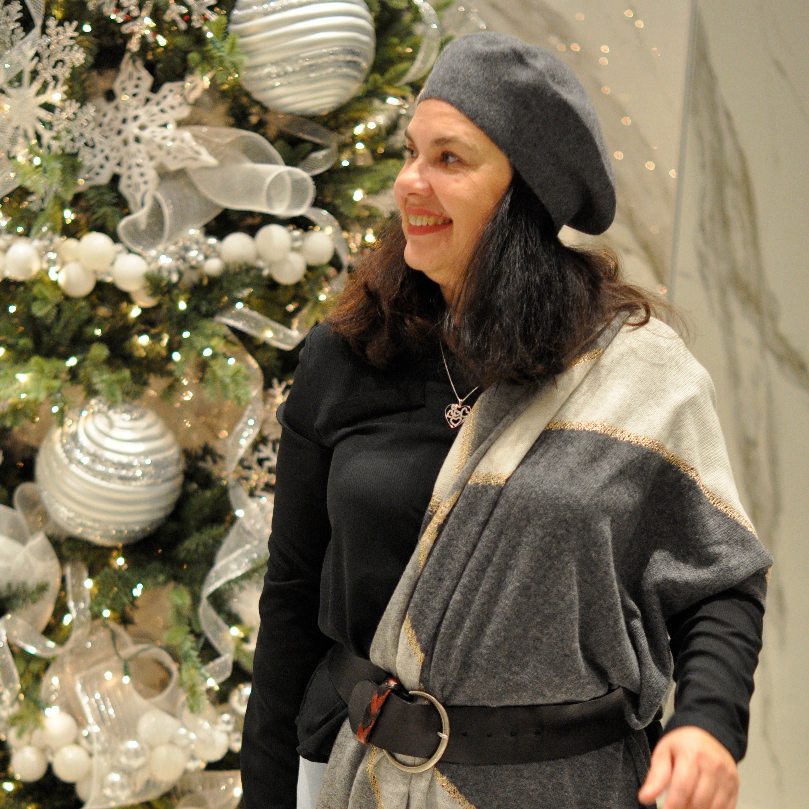 Grey Cashmere Beret and fingerless gloves