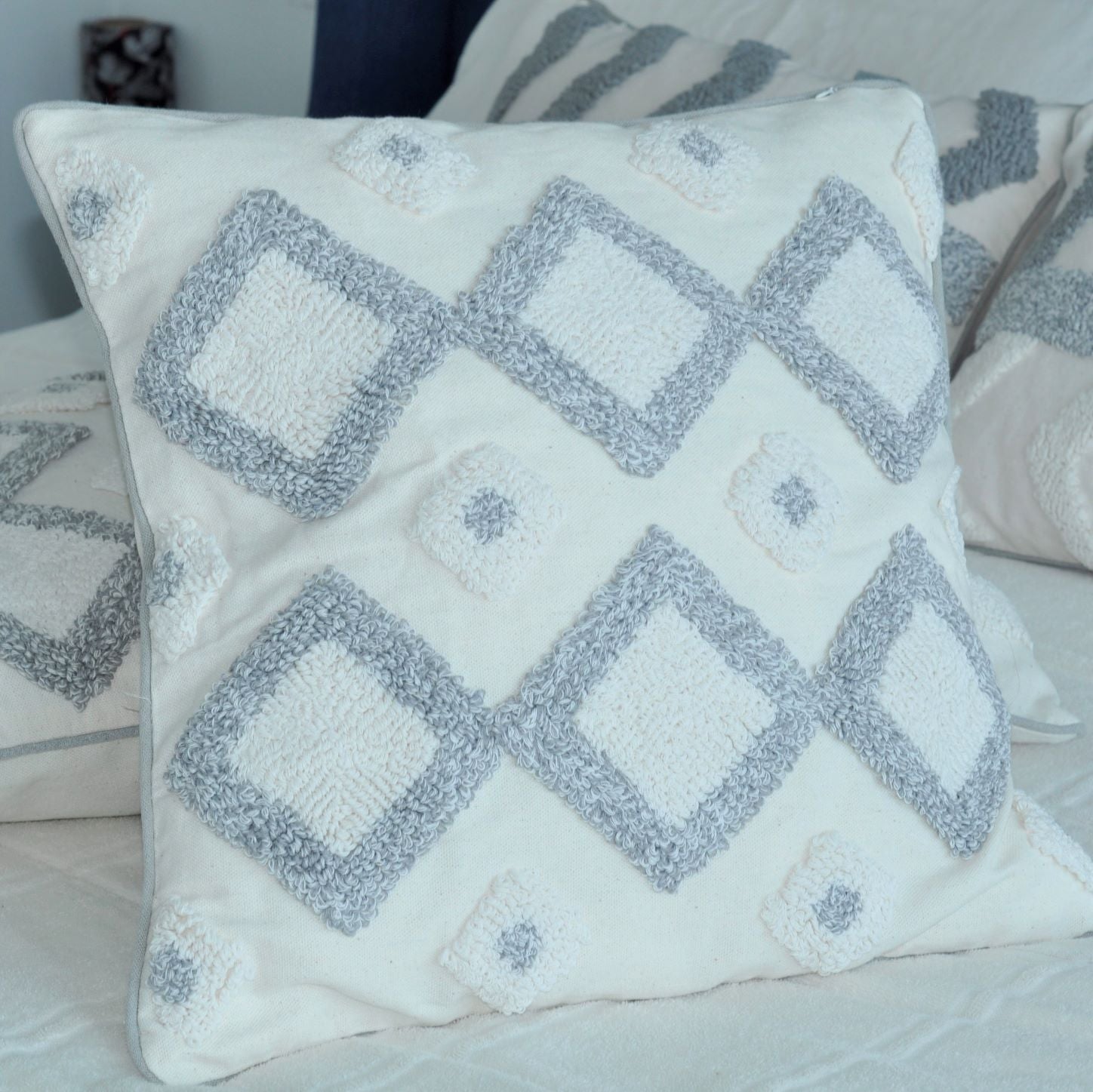 Cotton Grey and White Tufted Boho Cushion Cover