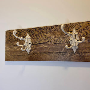 Rustic Wooden Coat Rack with Shelf & Double Cast Iron Hooks