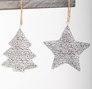 Metal Tree and Star Hanging Decorations, Set of 2