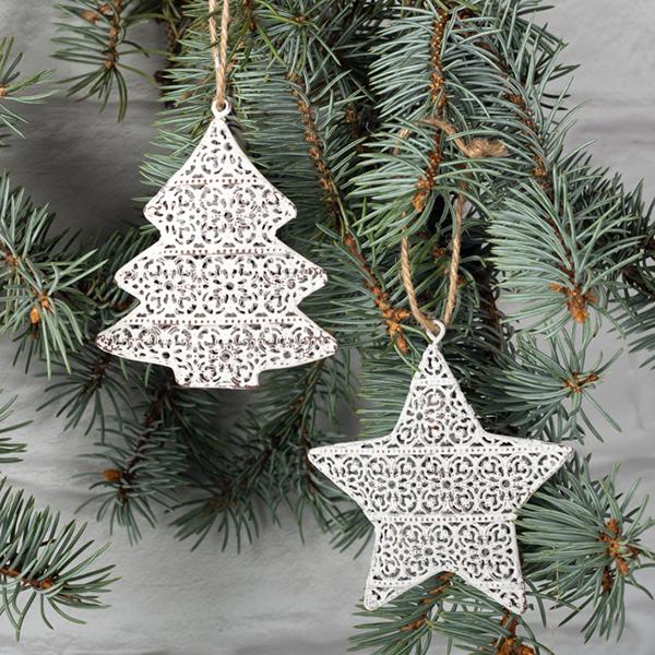 Metal Tree and Star Hanging Decorations, Set of 2