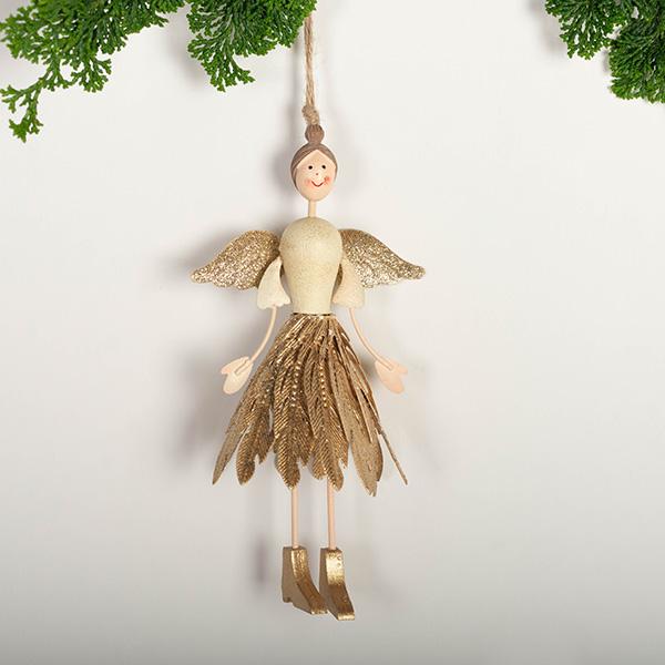 Metal Angel With Gold Metal Feathered Skirt Ornament