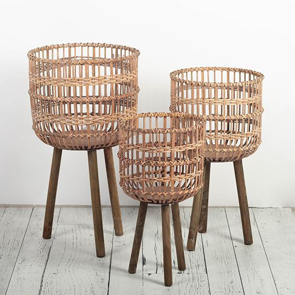 Brown Bamboo Standing Planter Pots, Set of 3