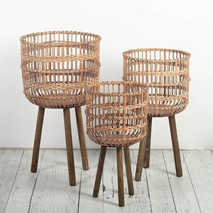 Brown Bamboo Standing Planter Pots, Set of 3