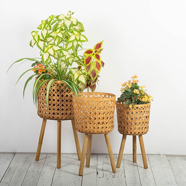 Natural Bamboo Standing Planter Pots, Set of 3